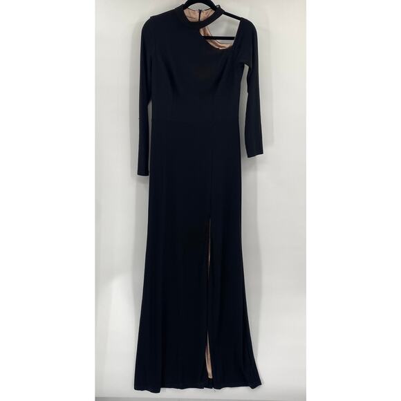 Xscape Evening Gown Long Sleeve Shoulder Cut Out High Slit Black Womens 10 - Picture 2 of 8